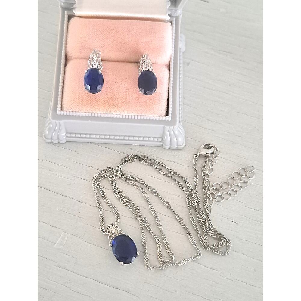 Vintage Silver-tone Blue CZ Stone Necklace and Earring Set